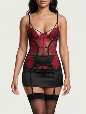 Victoria's Secret Seduction Merry Widow Bustier Garter Slip Cutout Lace Mesh 34B